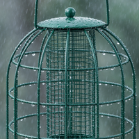 Mangeoire à oiseaux double cage verte avec cage à graines centrale en maille, grande poignée de suspension, couvercle en dôme et présentoir de jardin superposé