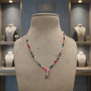 Sstringz Multicolor Crystal Beaded Y <b>Necklace</b> with <b>Pink</b> Cord Accent, Green Drop Charm and Handmade Boho Fashion Jewelry - Product Image 2