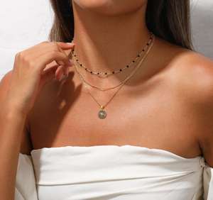 Collana con perline nera a tre strati dorata + catenina O-catenina nera con ciondolo in zircone 36 + 38 + 42 + 5cm N0054 - Product Image 1