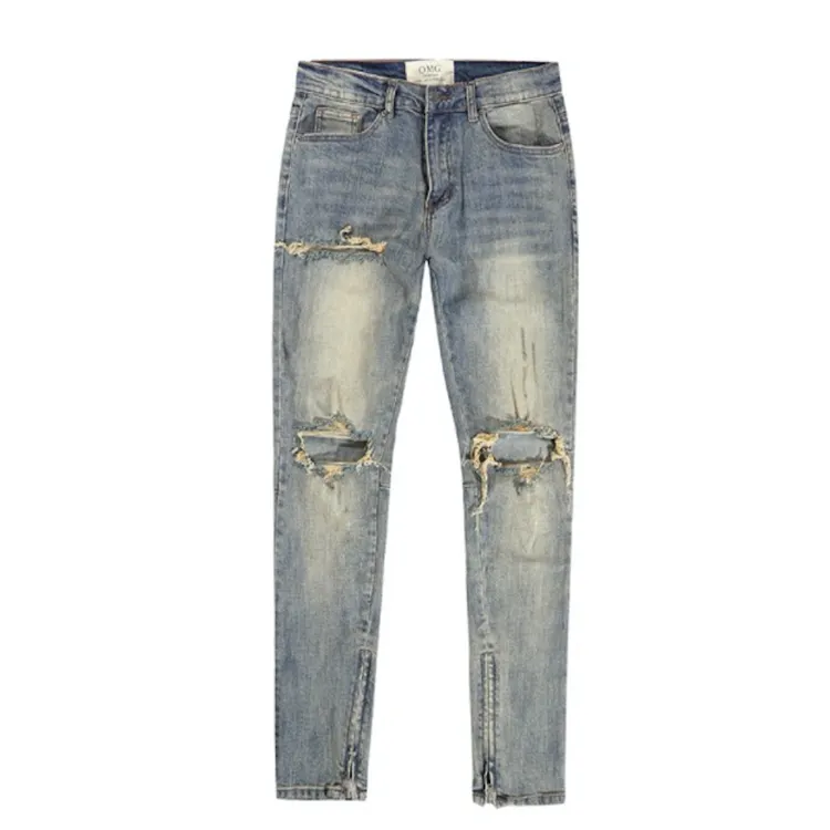 Europese Hoge Stretch Ripped Jeans Mist Straat Gewassen Slim Voeten Strakke Broeken Jeans Voor Mannen Skinny Gat Ritsen Jongens Broek