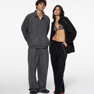 8046 Custom Oversized Tracksuit Unisex Contrast Piping Track <b>Jacket</b> Wide Leg Track Pants Heavy Cotton Streetwear Two Piece Set - Product Image 3