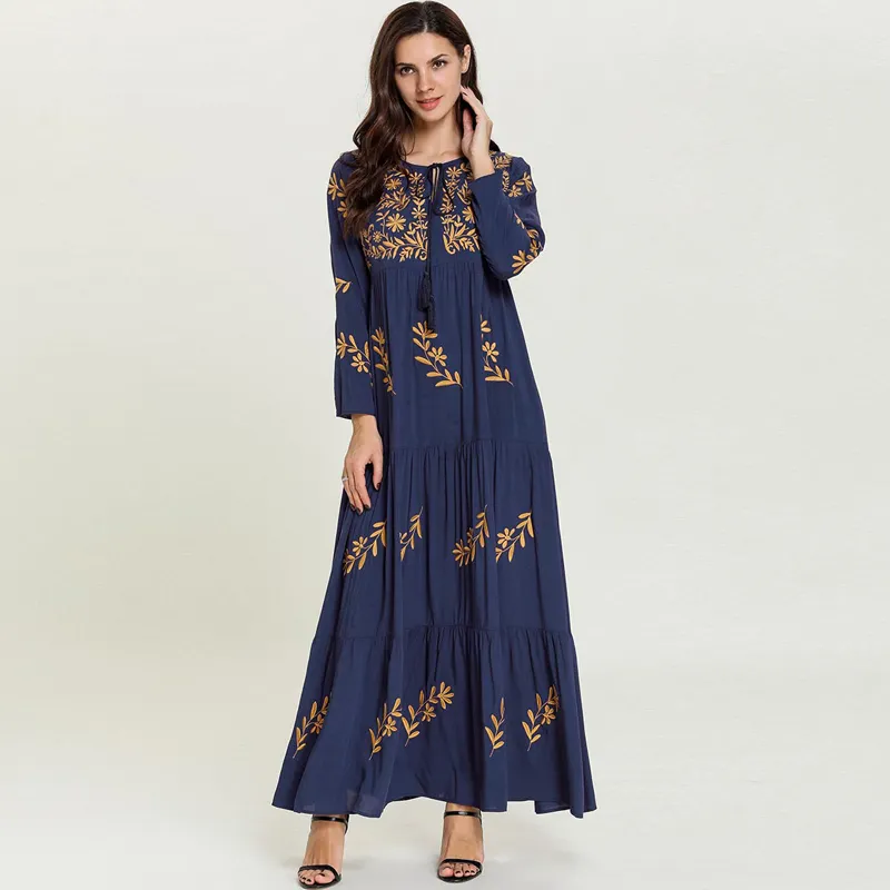 Длинное платье в арабском стиле, шикарные Макси-платья с цветочной вышивкой, свободная удобная повседневная женская одежда больших размеров для женщин среднего возраста, Новинка