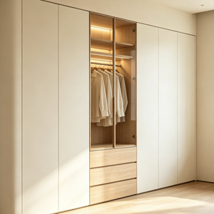 Armoire dressing moderne sur mesure pour chambre à coucher, meuble de rangement avec porte vitrée et tiroirs en bois, meuble autoportant - Product Image 1
