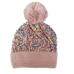 Vente chaude BAS quantité minimale de commande OEM ODM <span class=keywords><strong>Bonnet</strong></span> Automne Hiver <span class=keywords><strong>Femme</strong></span> Couleur Unie Paillettes En Peluche Tricot Amovible Pompon Chaud <span class=keywords><strong>Bonnet</strong></span> Hiver - Product Image 1