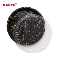 KARYO Weit verbreitete japanische Verpackung Sushi-Tablett Verpackung Gitter Scheibe Kunststoff zum Mitnehmen Schwarzer runder Behälter mit Deckel box