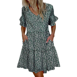 Abito Midi Casual Multicolore con Volant <span class=keywords><strong>e</strong></span> Maniche Corte, Elegante Stile Dolce, Vestito Ampio con Scollo a V per Donna, Ideale per Primavera ed Estate - Product Image 4