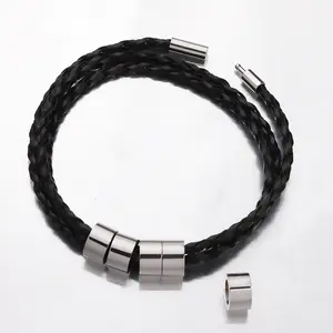 Accesorios simples Cuerda de cuero para hombre Pulsera trenzada magnética Cilindro de hebilla de uñas Cuentas espaciadoras sueltas para pulsera de pareja DIY