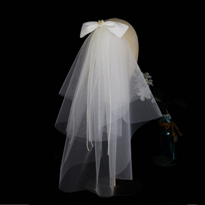Voile de mariée français délicat perle arc accessoires de mariage simple arc blanc perlé frange Double couche fil doux - Product Image 2