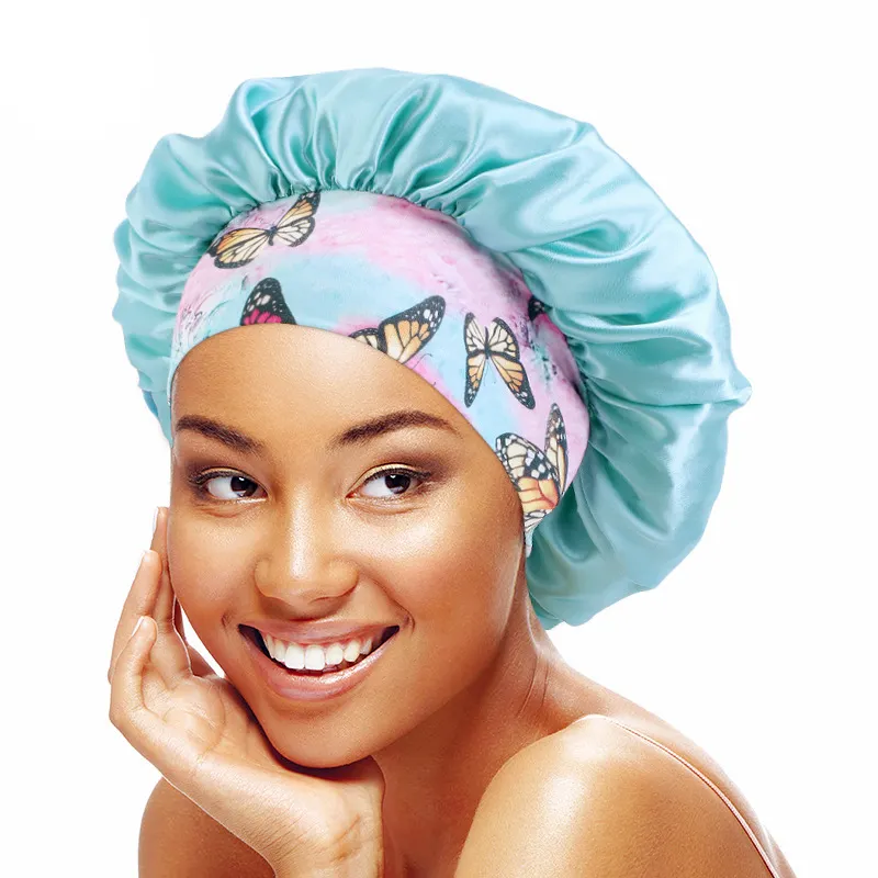Luxury silk bonnet with butterfly and flower print on the band satin bonnets hat and satin hair wraps for Curly Hair