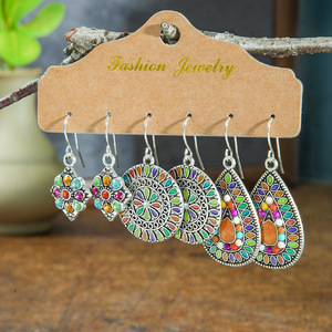 Boucles d'oreilles pendantes fantaisie en forme de goutte d'eau, style bohème, en alliage plaqué argent antique, pour femme, lot de boucles d'oreilles de soirée - Product Image 3