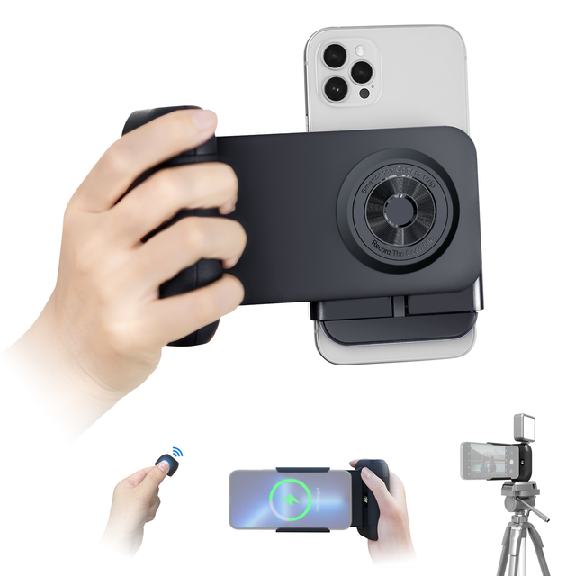 Magnetic Phone Camera Grip Multifunctional Handheld Selfie Holder with Power Bank Wireless Remote Shutter Desktop Phone Stand