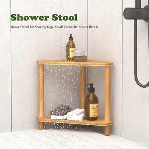 Étagère d'angle en bois à double niveau pour salle de bain, organiseur de produits de toilette, porte-savon, tabouret de douche en bois massif - Product Image 2