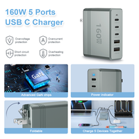 Adaptateur de voyage 5 ports USB C GaN Chargeur rapide OEM ODM Logo personnalisé Chargeur multi-ports pour Iphone Macbook Samsung Pixel Hp 160W