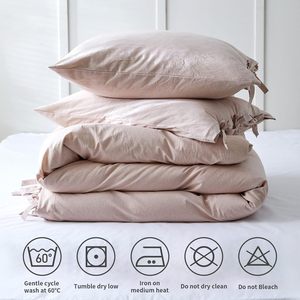 Parure de lit 3 pièces en coton lavé 100% avec nœuds papillon, texture moderne, durable, respirante, douce et chic (Queen) - Product Image 6