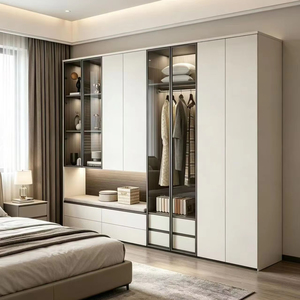 Armoire de chambre à coucher moderne minimaliste de luxe, meubles sur mesure en bois avec portes en verre, éclairage LED et tiroirs - Product Image 1