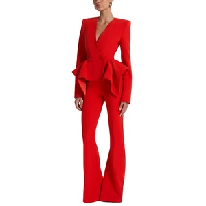 2025 Designer Inspired Solid Pattern Ensemble for Women Red Ruffled BlazerJacket <b>Set</b> with Flared Pants Office Lady Style - Product Image 1