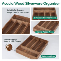 Plateau à couverts en bois d'acacia massif naturel, 5 compartiments, organiseur de couverts, boîte de rangement pour tiroir avec coussinets antidérapants, directement de l'usine