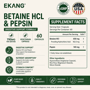 Fabriqué aux États-Unis, Betaine HCI et Pepsine en capsules végétariennes, 790 mg, complément alimentaire pour le soutien digestif, 60 capsules végétariennes - Product Image 2