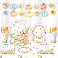 Vaisselle de fête sur le thème des feuilles d'érable et des citrouilles d'automne, décoration de fête jetable pour Thanksgiving, assiette, gobelet et serviette en papier
