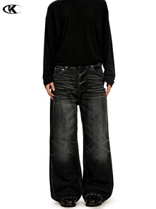 Jeans de Mezclilla Negra Estilo Americano Original, Cintura Media, Retro, Lavado, Holgados, Casuales, Rasgados, de Pierna Recta y Ancha para Hombre y Mujer, 11KN - Product Image 3