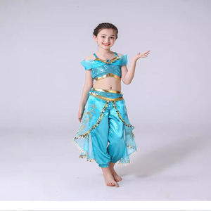 Girls Teal Arabian Princess Costume Kids <b>Sequin</b> Crop Top Harem <b>Pants</b> Set for Halloween & Carnival - Product Image 3