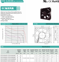 Ventilateur axial de refroidissement EC à haut débit d'air 12038, 100-240VAC, double roulement à billes, 120x120x38mm, ventilateur de ventilation industriel sans balais