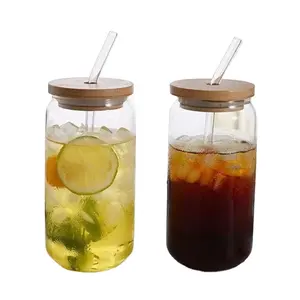 Hot Selling 16oz Can Drinking Glass Cup Tumblers For Juice Beverage Milk With Bamboo Lid and Glass Straw