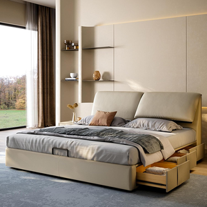 COSTFULL Modern Genuine Leather Headboard Adjustable Wooden <strong>Bed</strong> Frame with Storage <strong>Back</strong> <strong>Rest</strong> Cushion Upholstered <strong>Bed</strong> <strong>for</strong> Bedroom - Product Image 2