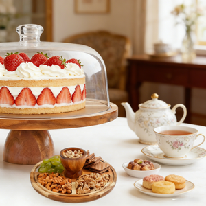 Ein 2-in-1-Kuchenständer aus Akazienholz mit leichter Acrylkuppelabdeckung. Robust gebaut und poliert für den täglichen Gebrauch und für Partys. - Product Image 2