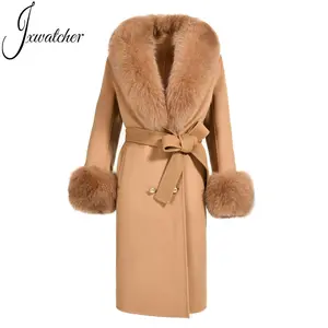 Kadın moda trendi kaşmir ceket 100% gerçek tilki kürk yaka kabarık lüks özelleştirmek kürk kaşmir uzun ceket kadın