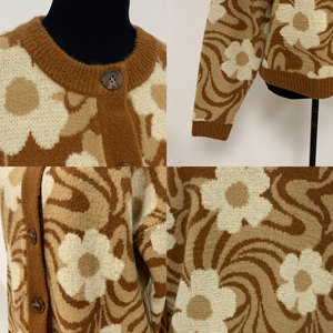 <span class=keywords><strong>Cardigan</strong></span> Lavorato a Maglia con Motivo Floreale Retrò per Donne, Stile Vintage Anni '70, Motivo a Spirale Marrone, Maglione con Bottoni, Morbido Abbigliamento Casual da Donna - Product Image 3