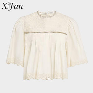 Blusa Corta de Verano Personalizable para Mujer, Blusa Casual Plisada, Elegante Blusa de Algodón Bordada con Cuello Redondo y Manga Corta para Mujer - Product Image 4