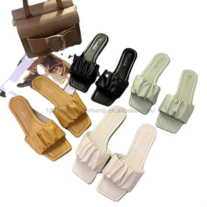 Wear Fashion Pleated Cool Slippers With Square <b>Head</b> Fairy <b>Style</b> One Word Slippers - Product Image 1