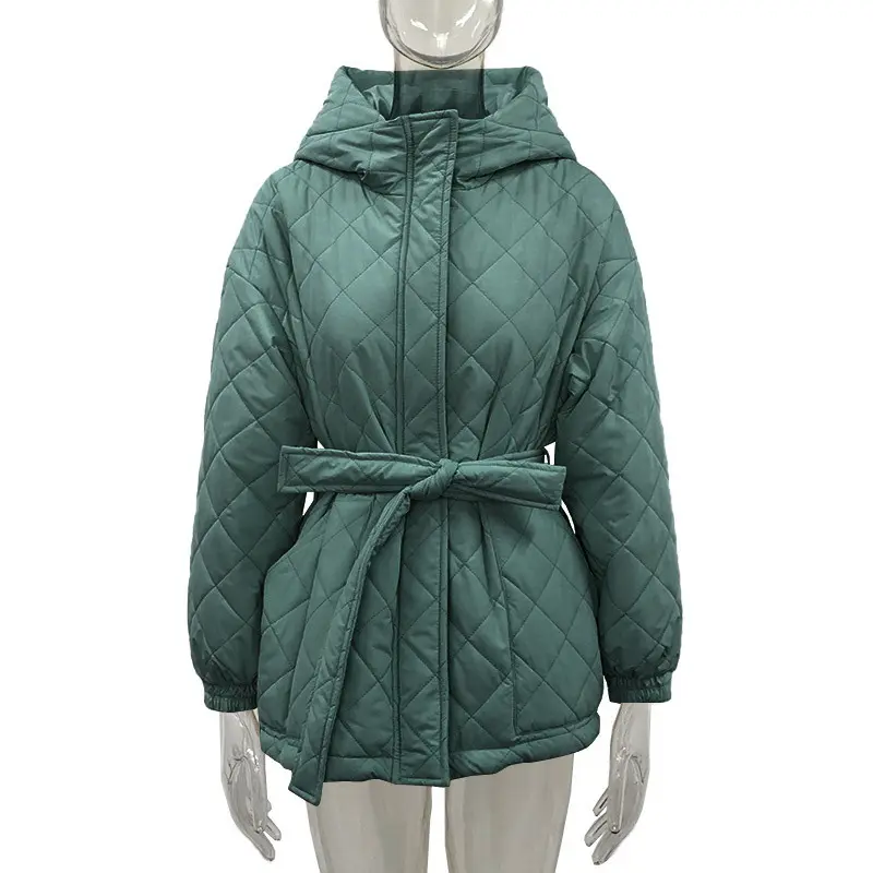 Женское пуховое пальто с поясом, стеганое зимнее пуховое пальто со стразами