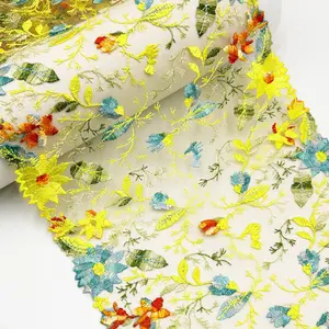 Tissu de dentelle brodé 3D frais OEM 24CM dégradé jaune Floral brodé bordure en dentelle pour robe de mariée