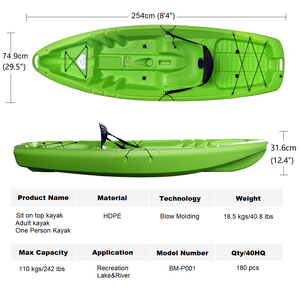 Kayak de canoa ligero y duradero de plástico para una persona de 2,6 metros, kayak de turismo recreativo por el mar, kayak individual para sentarse en la parte superior con paleta - Product Image 4