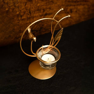Elegant Gold Tealight Candle Holder With Bird And <b>Leaf</b> Design Glass Cup Sturdy Base Perfect For Cozy Decor Candle Holder - Product Image 4