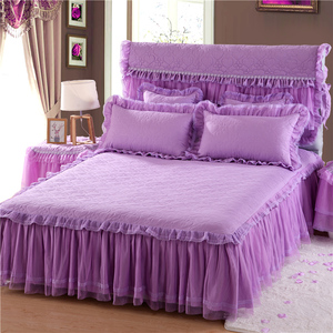 Hot Sale European Style Cotton Lace Edge 4 Pieces <strong>Purple</strong> <strong>Bedding</strong> <strong>Set</strong> Textiles Bedroom Bed Skirt <strong>Bedding</strong> <strong>Set</strong> - Product Image 2
