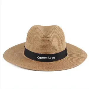 Grosir kustom Logo musim panas bernapas lebar topi tabir surya Panama topi jerami pelindung matahari