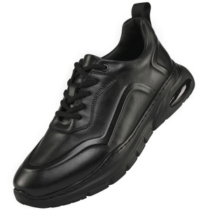 Chunky Shoes Men Genuine Leather <b>Round</b> Toe Lace-up Air <b>Cushion</b> Light Weight All Seasons Solid Black Sneakers - Product Image 4