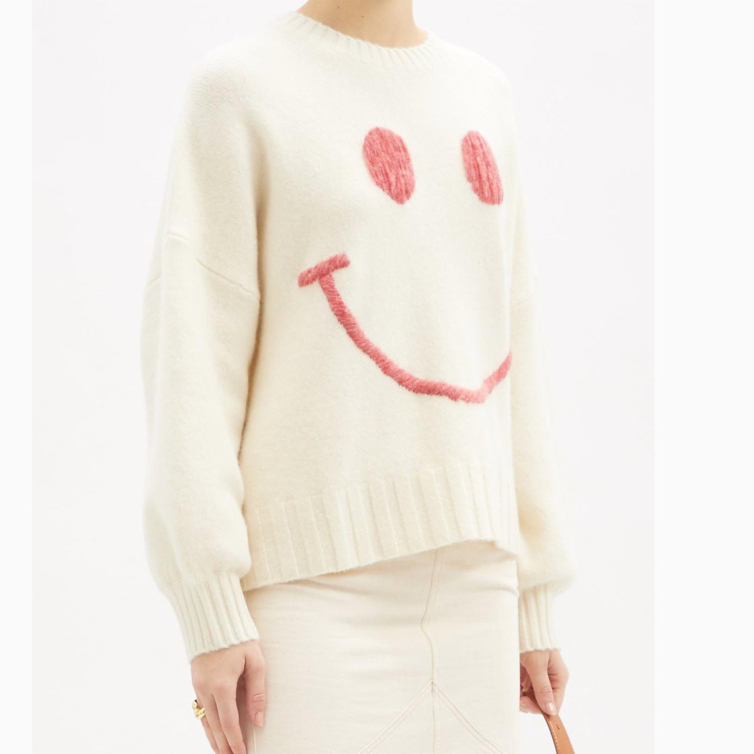 Дизайнерский осенне-зимний свитер с длинными рукавами и вышивкой улыбающегося лица