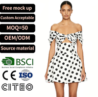 Gaun Mini Wanita Polkadot Off Shoulder dengan Potongan Pinggang Twist Front, Gaun Pesta Musim Panas, Custom OEM ODM Grosir