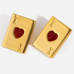 Custom Gold Color Lady Earring 14k 18k PVD Gold Plated Fashion 316L Stainless Steel Red Zircon <b>Playing</b> <b>Card</b> Earrings For Women - Product Image 5
