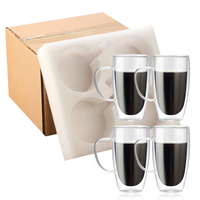 Produk ramah lingkungan 2024 Set cangkir kaca bening dengan 4 buah cangkir kopi cangkir kaca dinding ganda buatan tangan dengan pegangan
