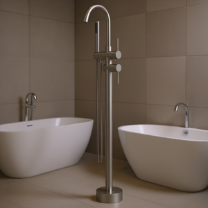 Grifo de ducha de pie de alto caudal, níquel cepillado, montaje en suelo, 2 manijas, rociador de lluvia, mezclador para bañera, diseño minimalista - Product Image 2