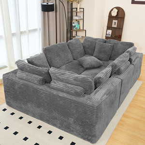 Modular U-Shape Sectional Sofa 6-Seater Chaise Lounge Reversible Design Striped Corduroy Fabric <b>Convertible</b> Modern Living Room - Product Image 4