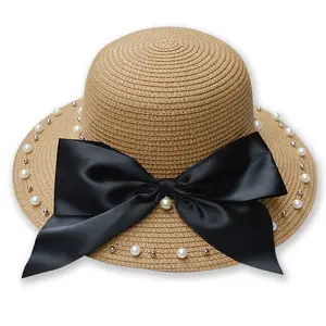 宽边夏季儿童沙滩太阳帽儿童女孩水桶草帽珍珠和蝴蝶美丽户外旅行头巾