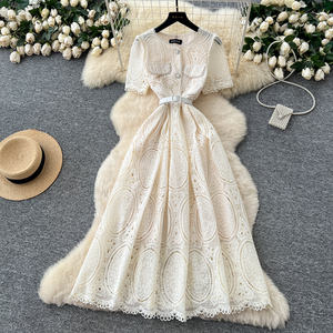 Verano <span class=keywords><strong>romano</strong></span> cuello redondo túnica vendaje Casual Midi <span class=keywords><strong>vestido</strong></span> para <span class=keywords><strong>mujer</strong></span> imperio con cuentas ahueca hacia fuera el <span class=keywords><strong>vestido</strong></span> de encaje - Product Image 3