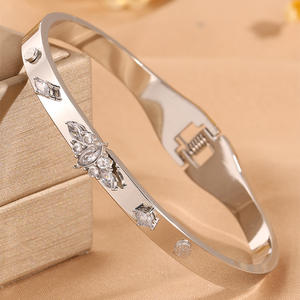 Kararmayan Elmas Yonca Çelik Bilezik Yaylı Bileklik Paslanmaz Çelik Takı Ayarlanabilir Gümüş Bileklik Kadınlar İçin - Product Image 6