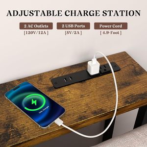 Table de canapé réglable en hauteur de 78,75 pouces avec multiprise intégrée - Cordon d'alimentation long, structure métallique, design rustique pour salon - Product Image 3